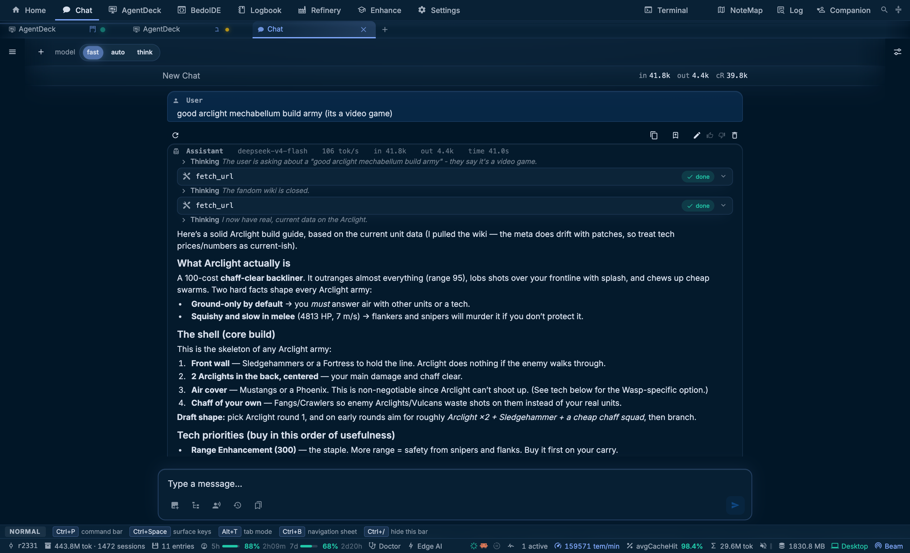 The chat, with a turn's reasoning folds and tool calls drawn where they happened
