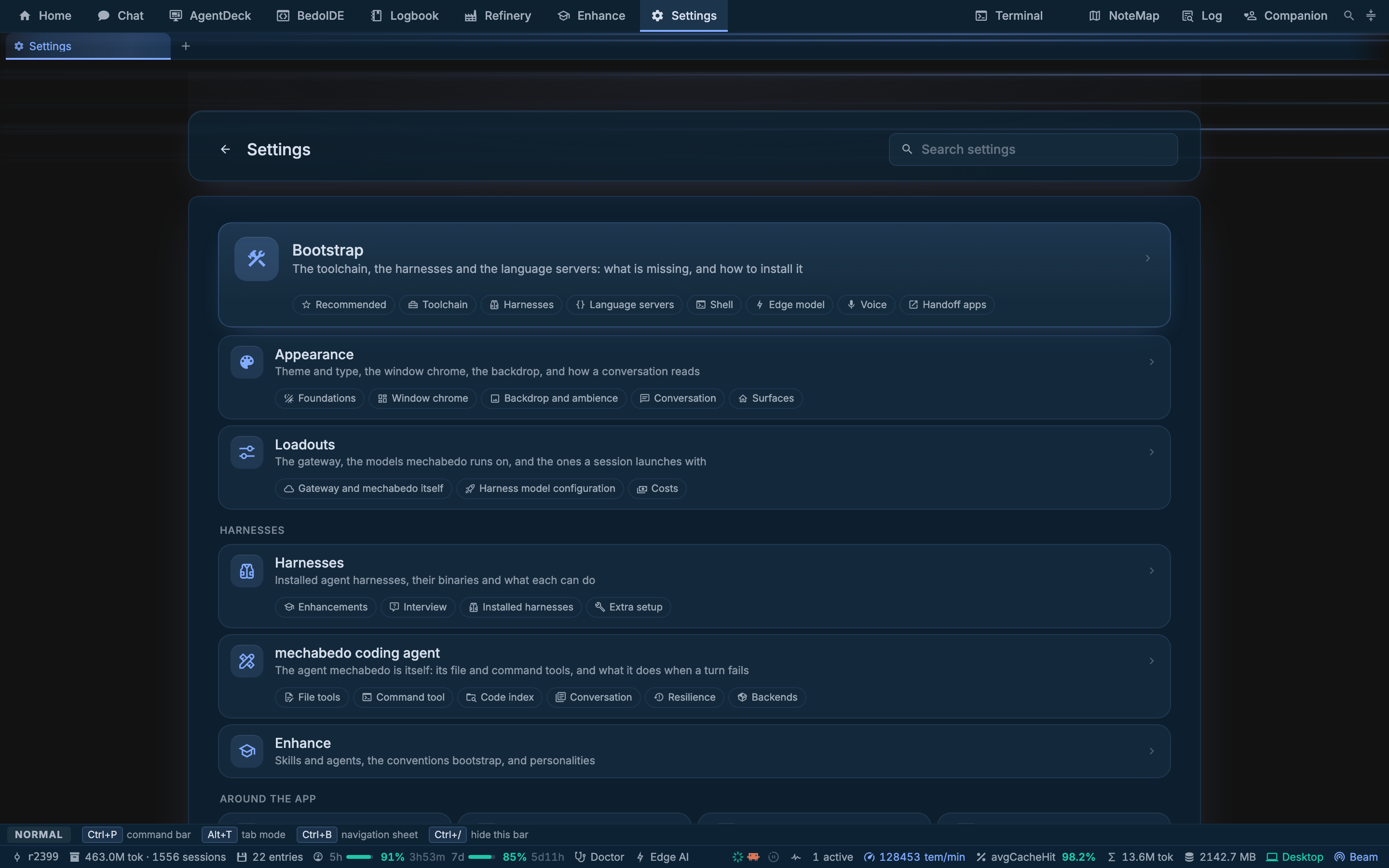 Settings: one row per page, each naming the sections it holds